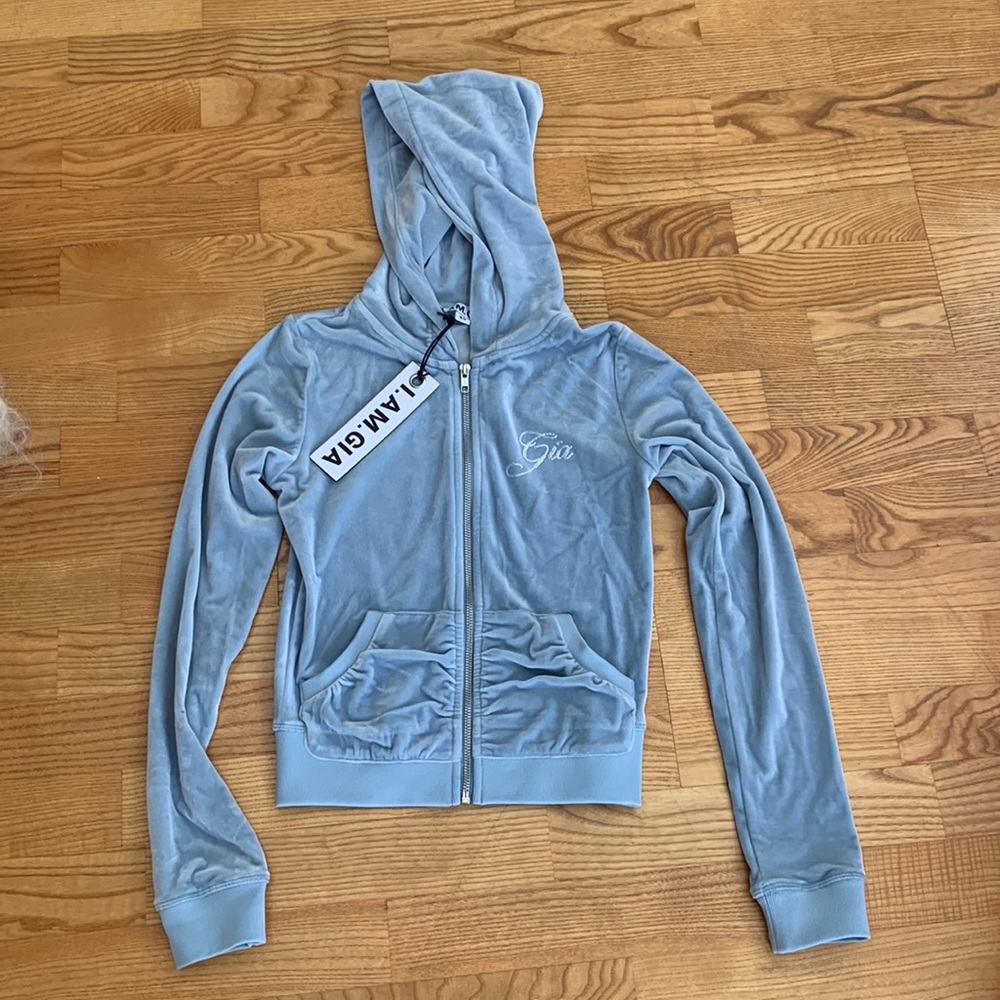 I Am Gia blue velour zip up hoodie